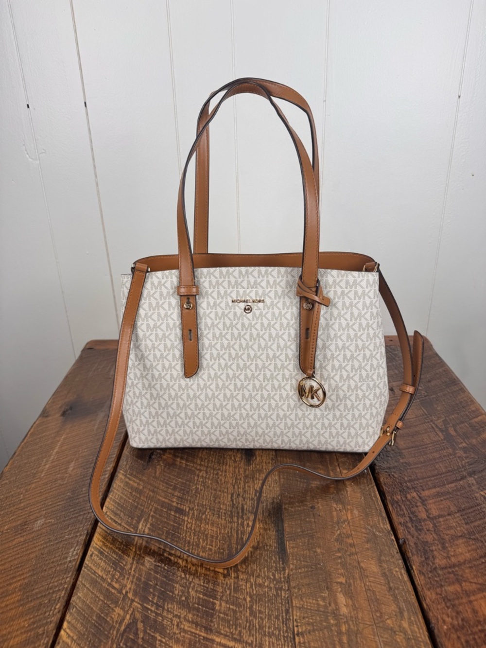 Michael Kors Vanilla MK Logo Tote Brown Leather Trim Shoulder Bag